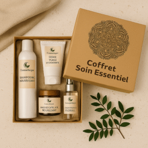 Coffret cadeau de soins essentiels naturels Cosm’éthique comprenant 5 produits : shampoing, après-shampoing, huile, bougie et huile essentielle.