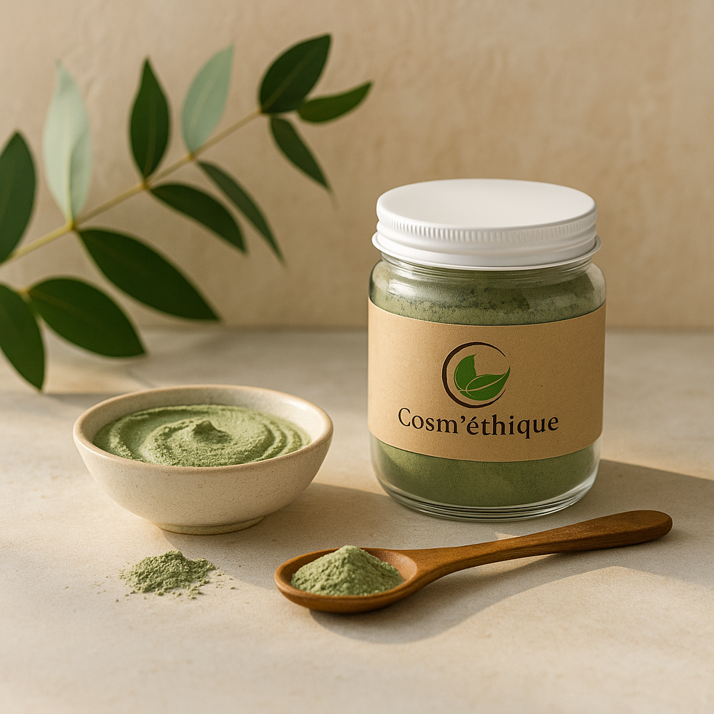 Pot d’argile verte Cosm’éthique avec cuillère en bois et accessoires naturels sur fond beige.