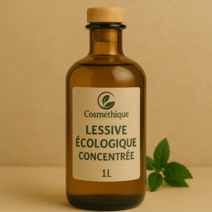 Flacon en verre de lessive écologique concentrée 1L avec étiquette Cosm’éthique