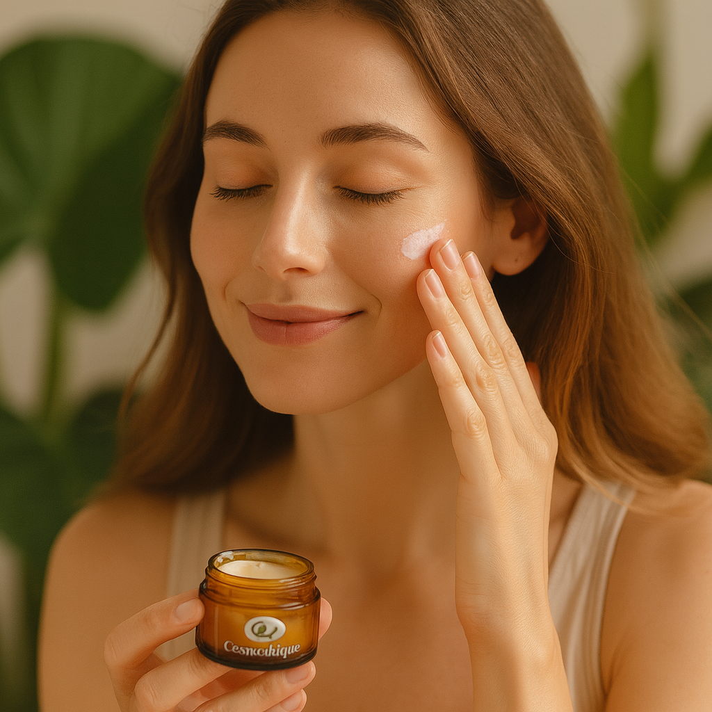 Femme souriante appliquant une huile cosmétique naturelle sur son visage dans une ambiance zen.