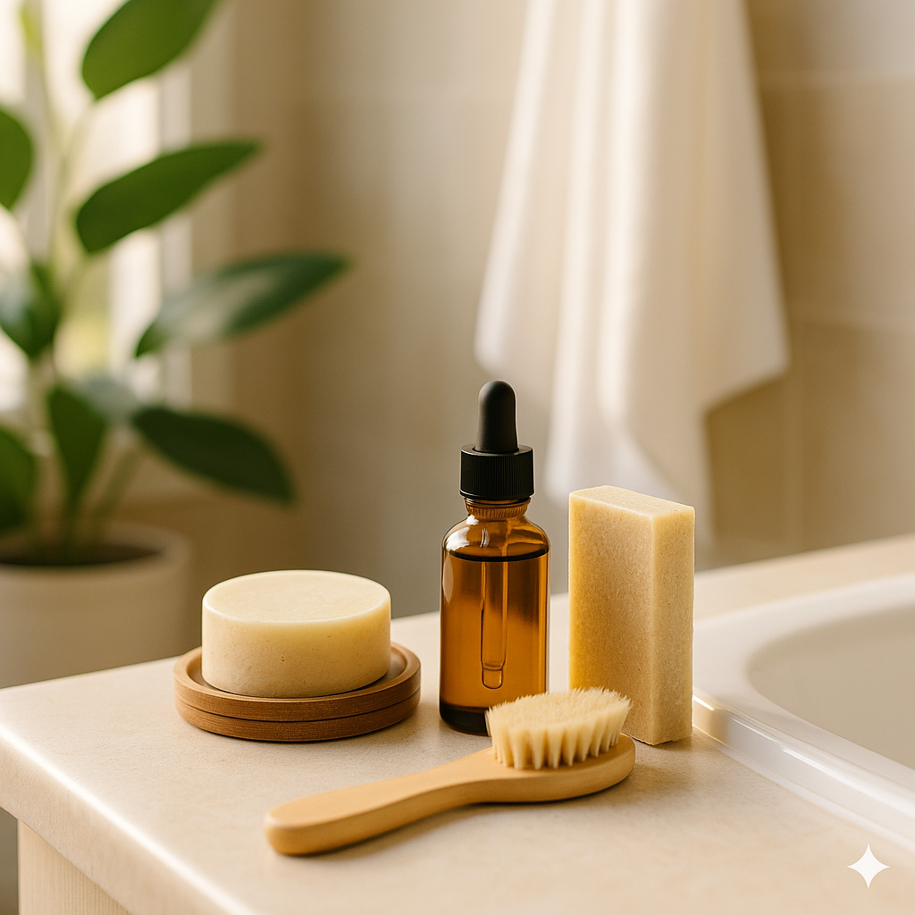 Produits de soin naturels et minimalistes disposés dans une salle de bain lumineuse et épurée.