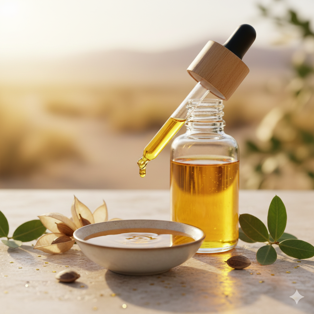 Flacon d’huile de jojoba avec pipette en bois, posé sur une table naturelle, entouré de feuilles et graines de jojoba, en plein air au coucher du soleil.