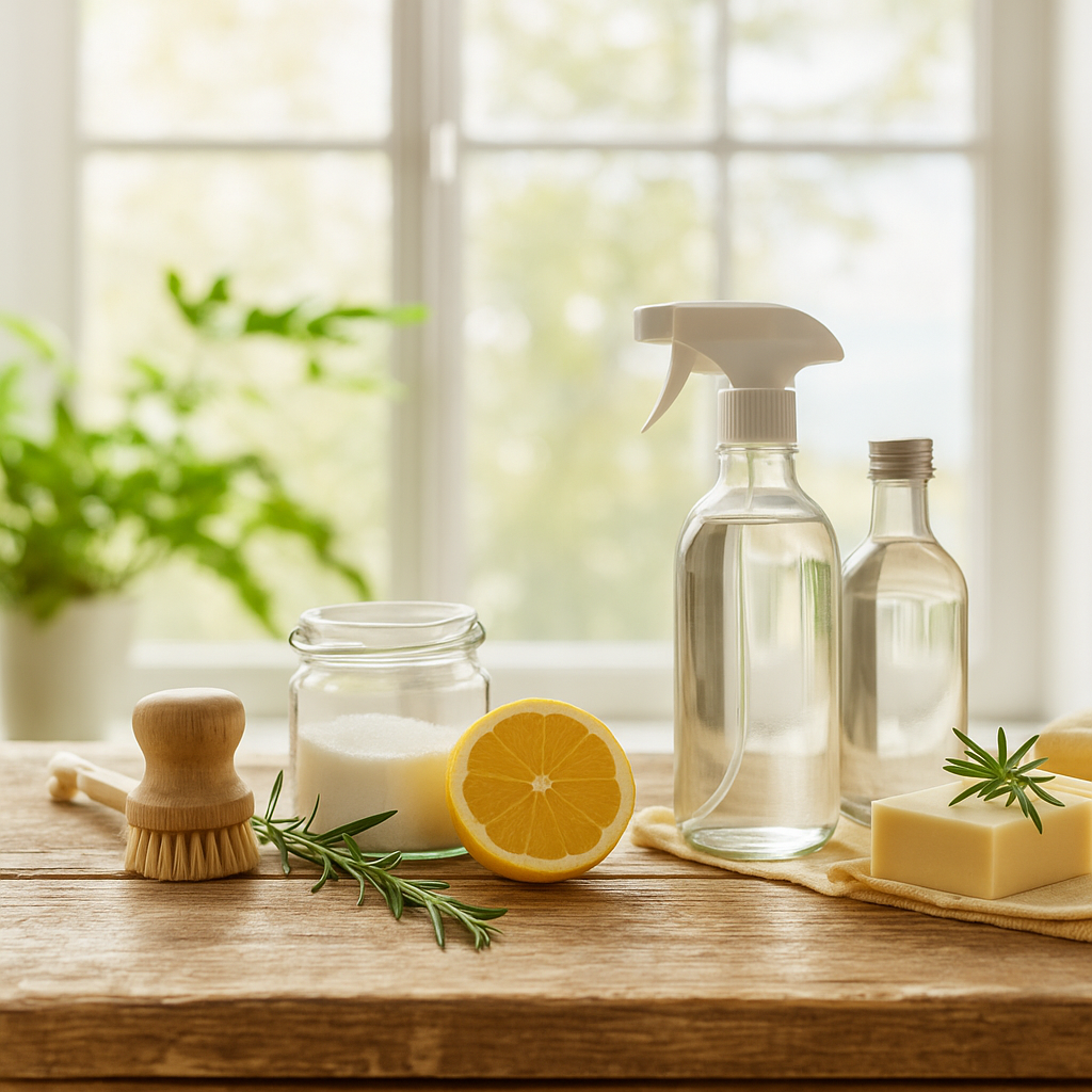 Produits d’entretien écologiques disposés sur une table en bois : vinaigre blanc, citron, bicarbonate, brosse et savon naturel devant une fenêtre lumineuse.